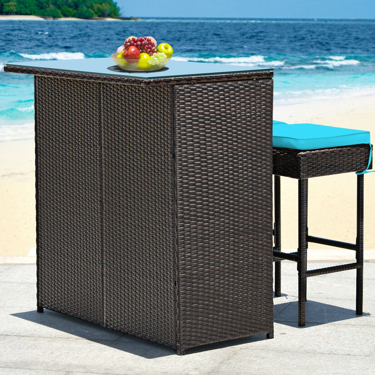 3-piece Rattan Wicker Bar Table Stools Dining Set Cushioned Chairs