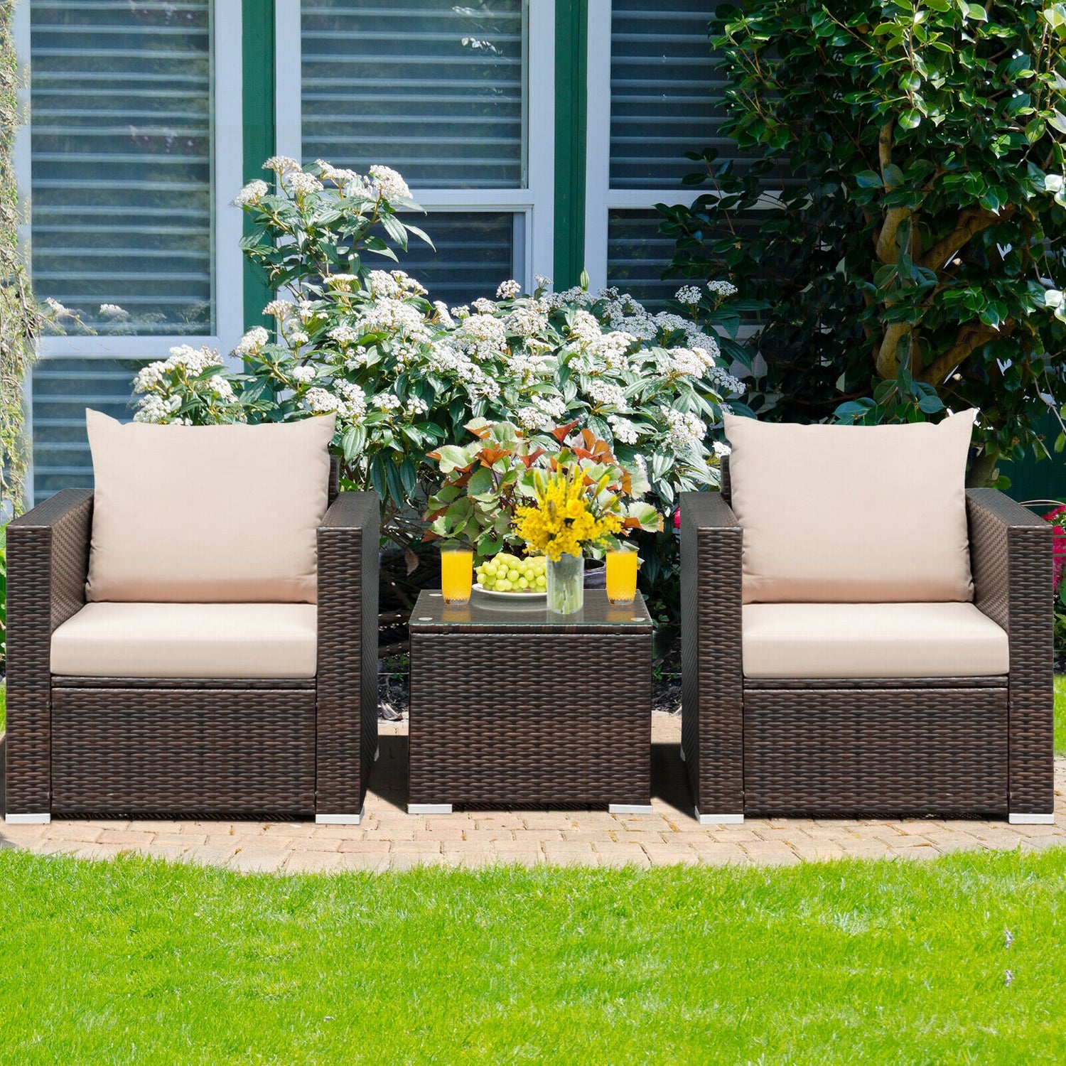 3 Pcs Patio Conversation Rattan Furniture Set with Cushion