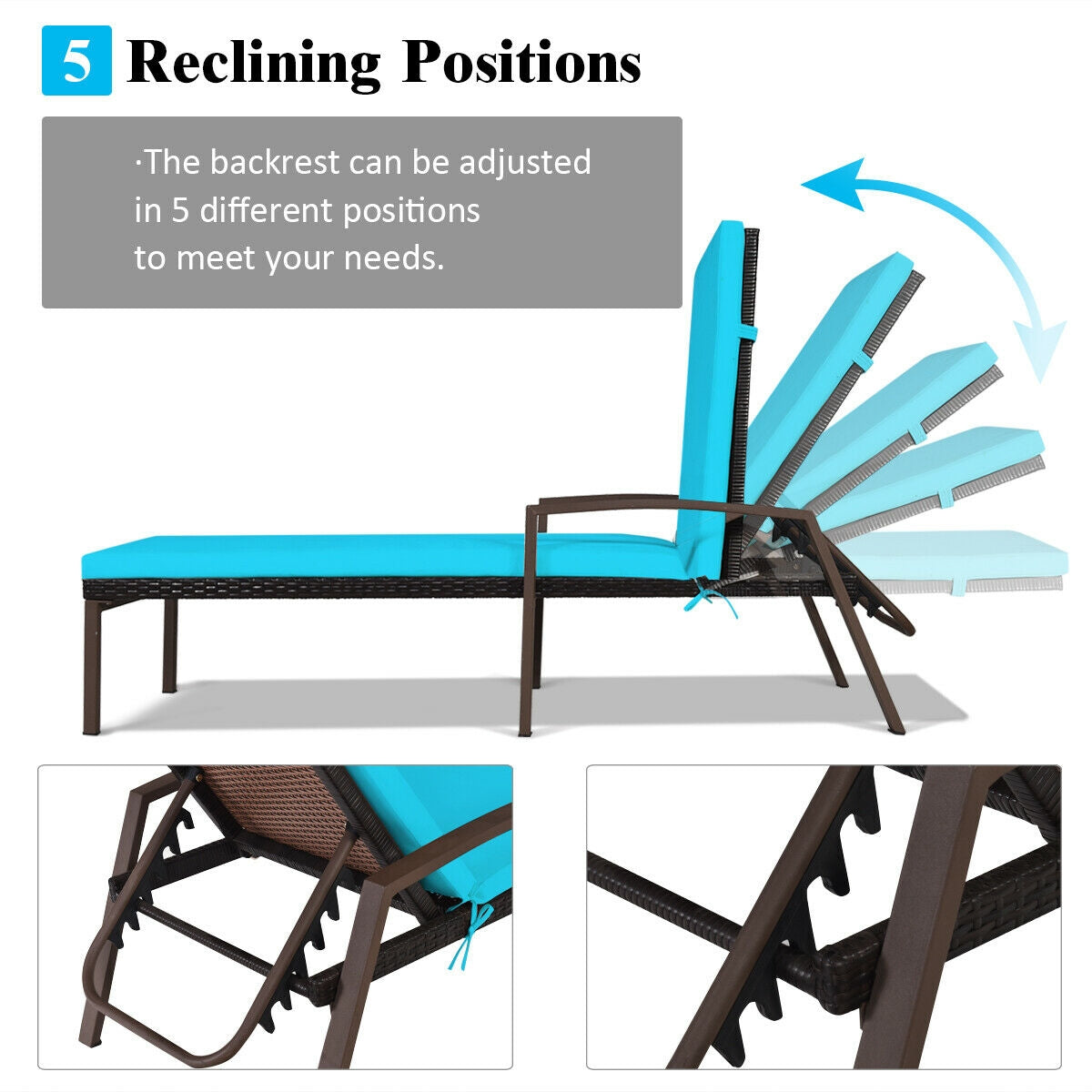 Patio Rattan Lounge Chaise Recliner with Back Adjustable Cushioned