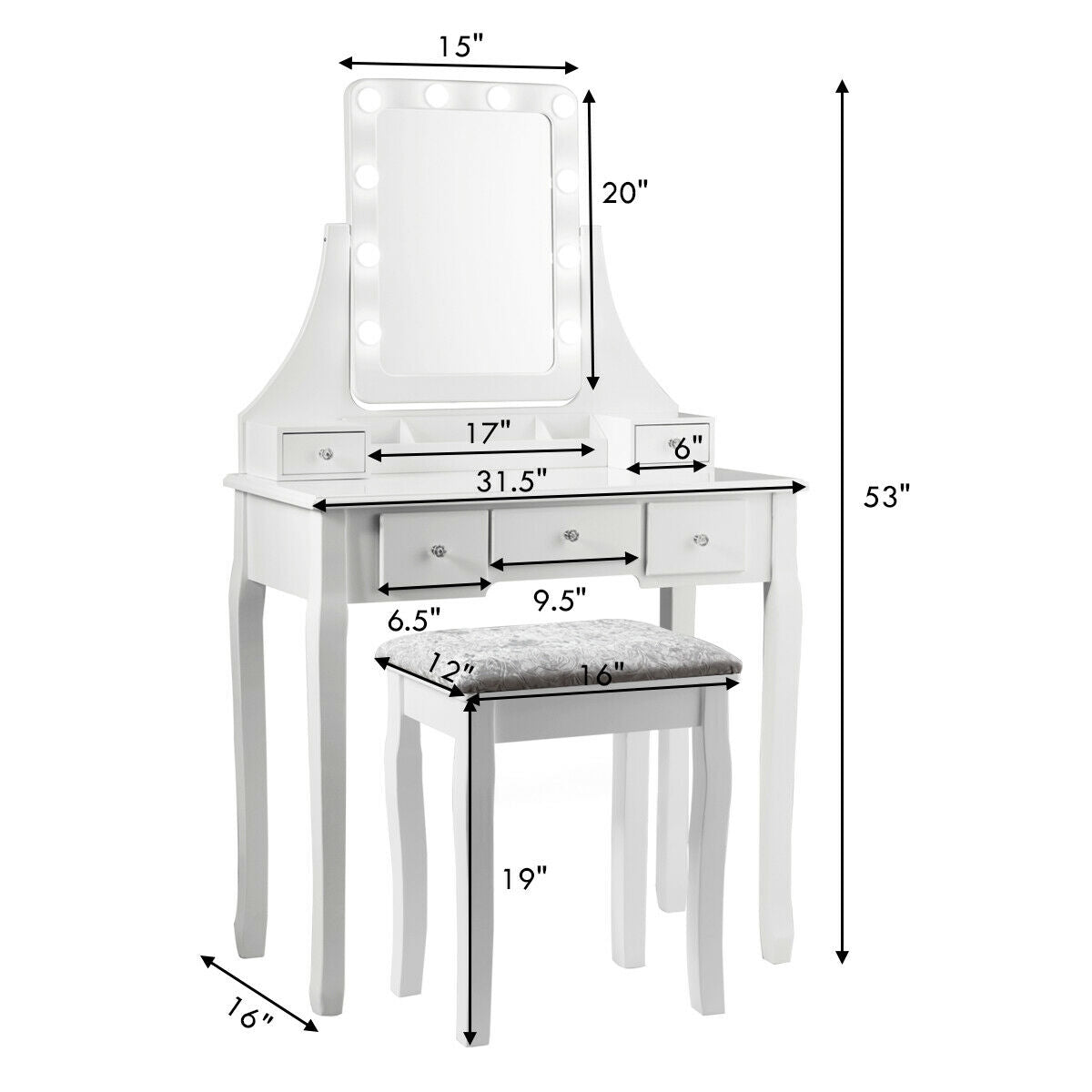 Vanity Dressing Table Set with 10 Dimmable Bulbs and Cushioned Stool