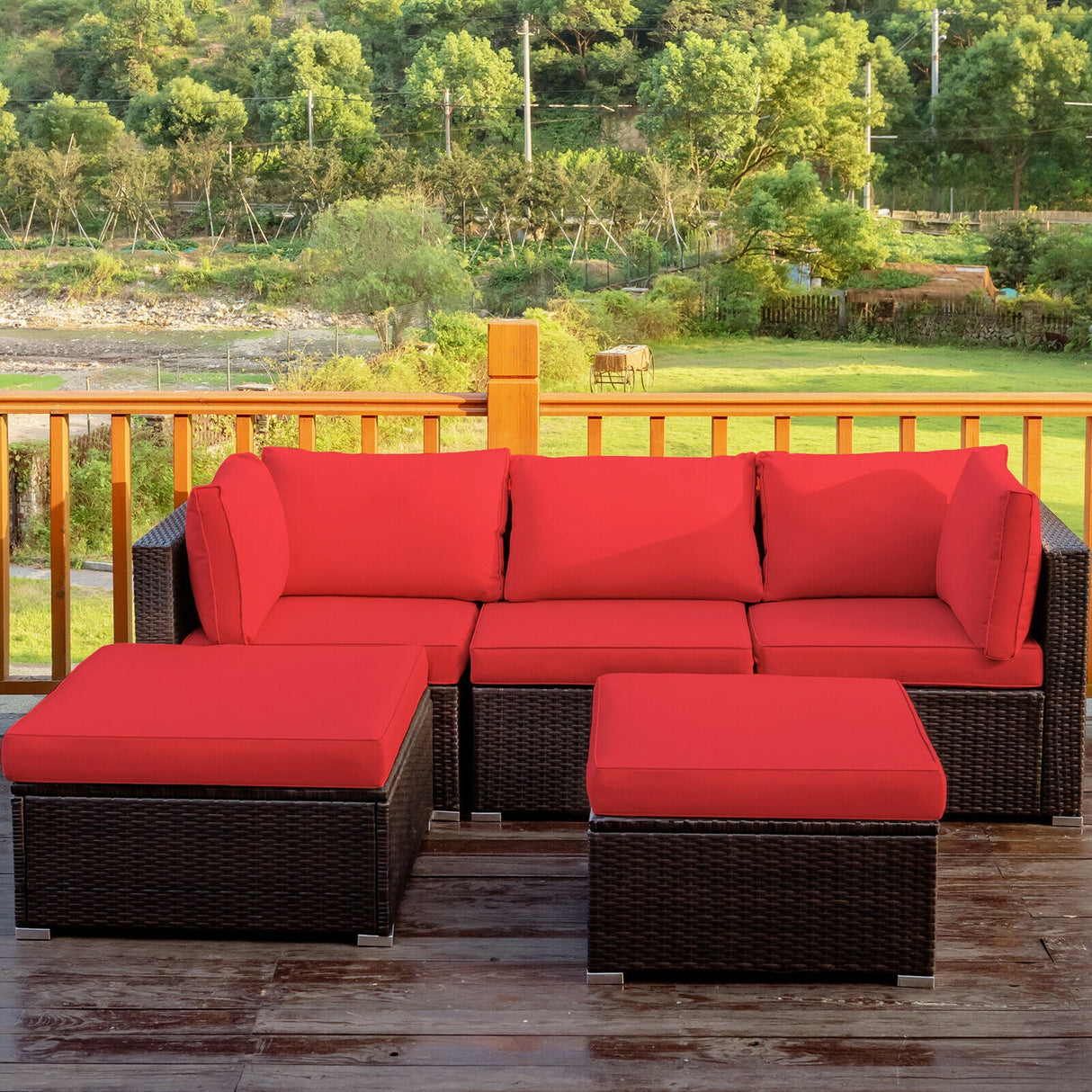 5 Pieces Patio Rattan Sectional Conversation Ottoman Furniture Set