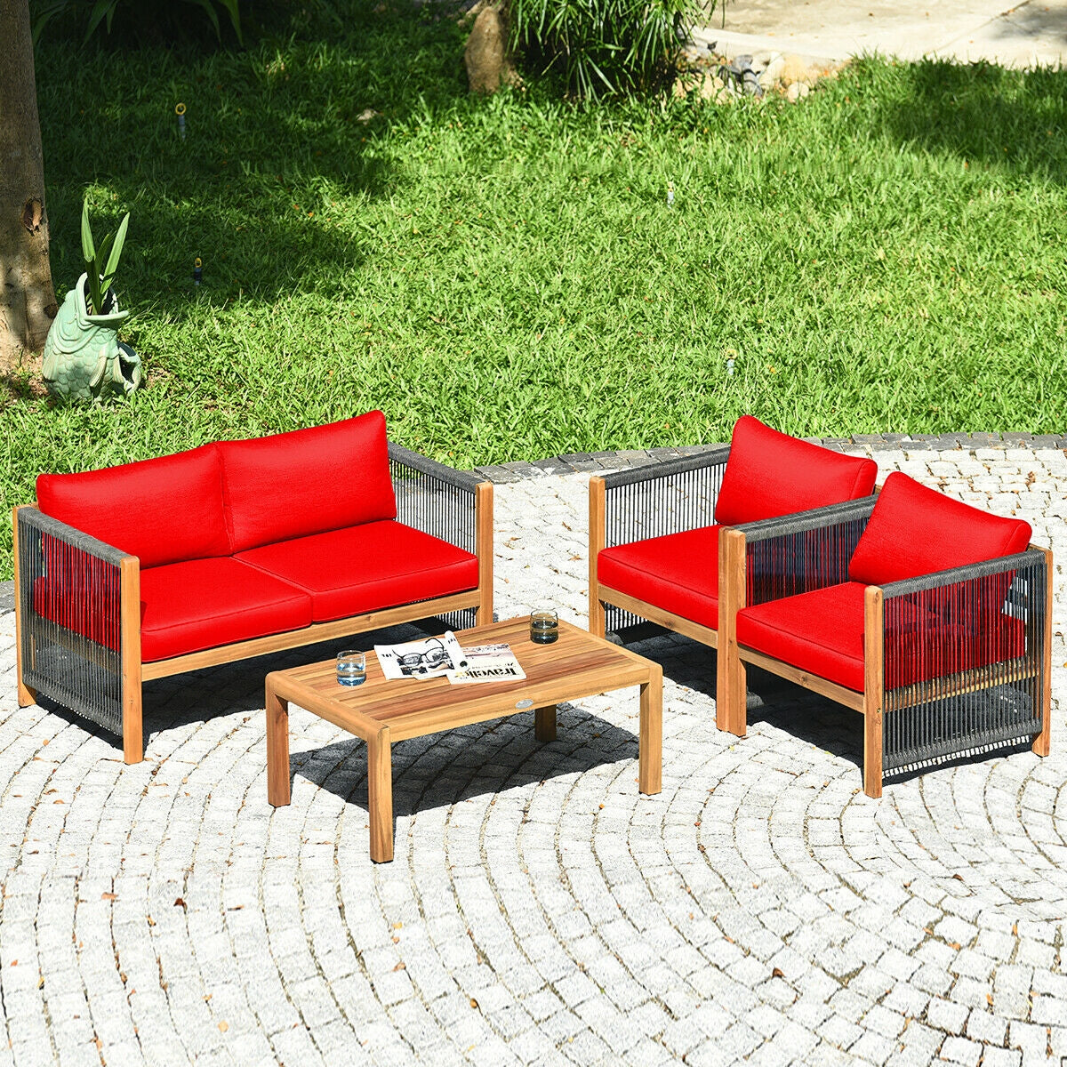 4 Pieces Acacia Wood Outdoor Patio Furniture Set with Cushions