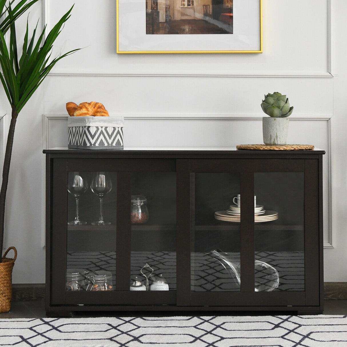 Kitchen Storage Cabinet with Glass Sliding Door