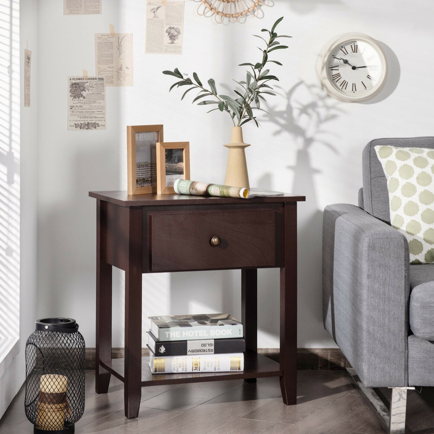 Nightstand with Drawer and Storage Shelf for Bedroom Living Room