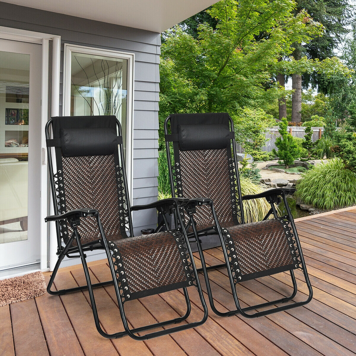 2 Pieces Folding Patio Rattan Zero Gravity Lounge Chair