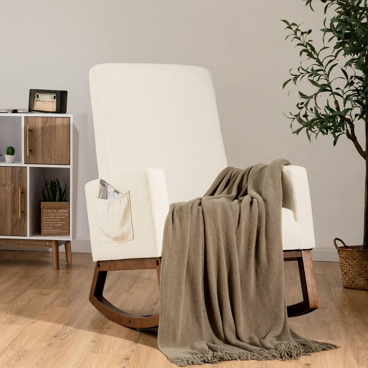 Rocking High Back Upholstered Lounge Armchair with Side Pocket