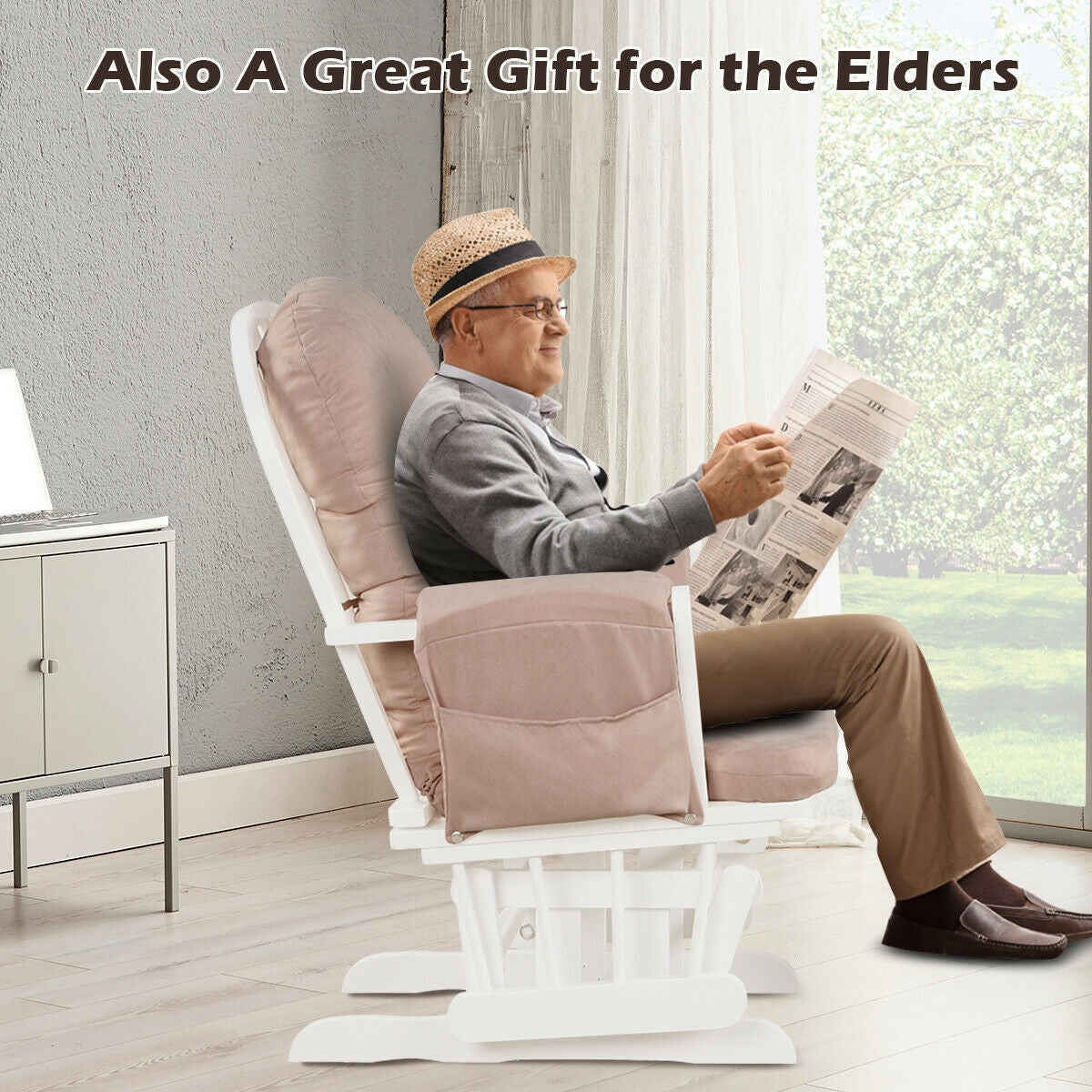 Wood Glider and Ottoman Set with Padded Armrests and Detachable Cushion