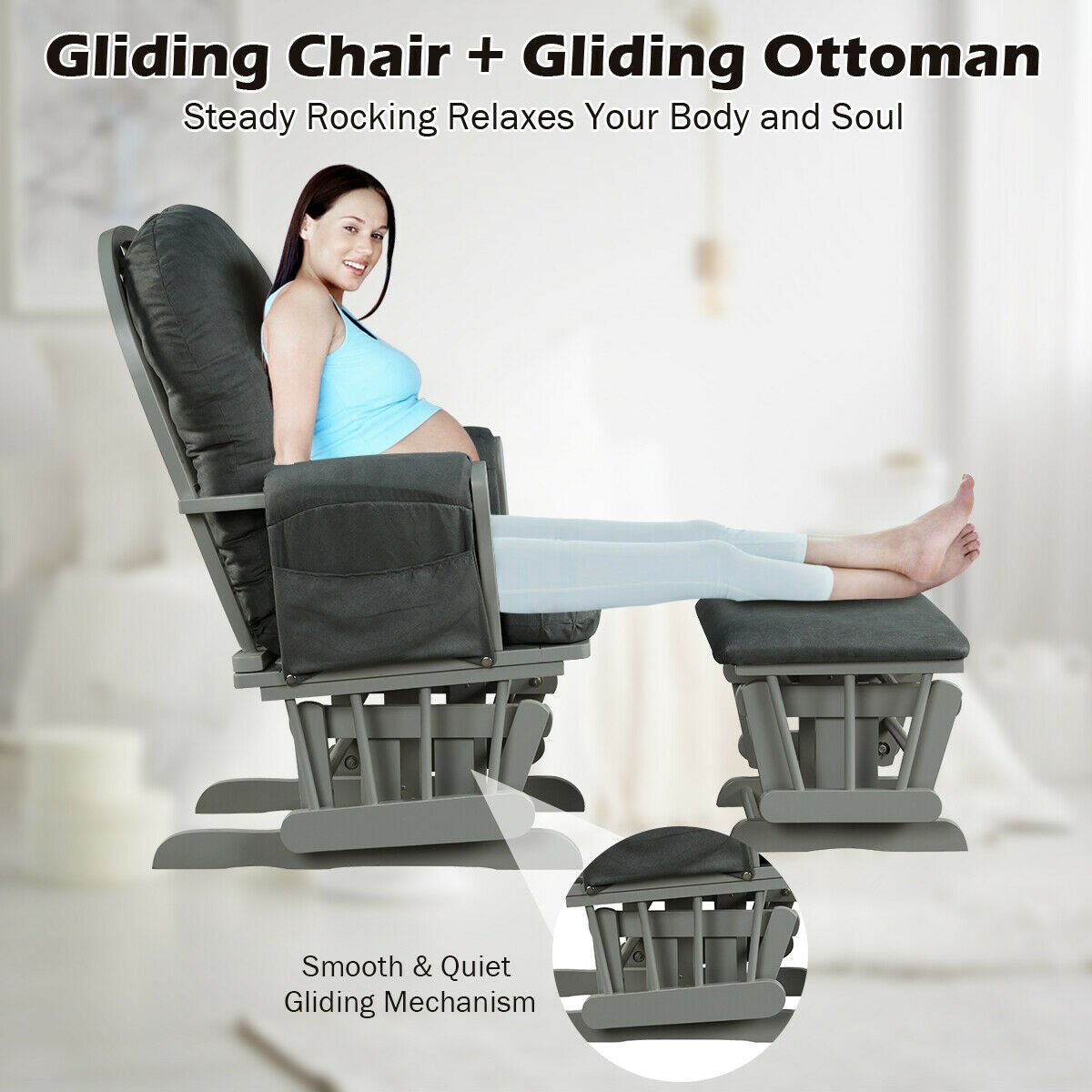 Wood Glider and Ottoman Set with Padded Armrests and Detachable Cushion