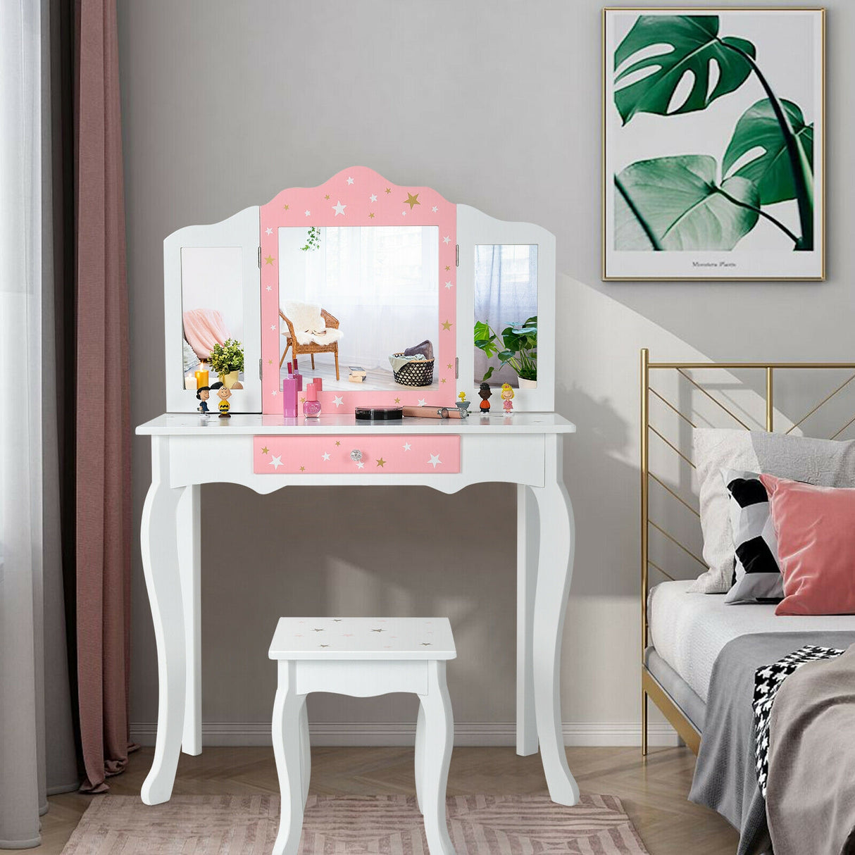 Kids Princess Vanity Table and Stool Set with Tri-folding Mirror and Drawer