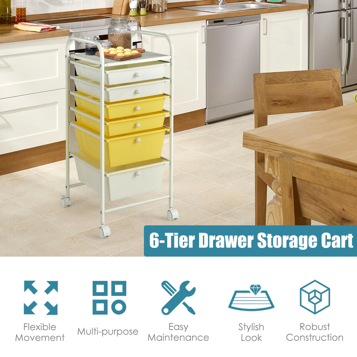 6 Drawers Rolling Storage Cart Organizer-Transparent