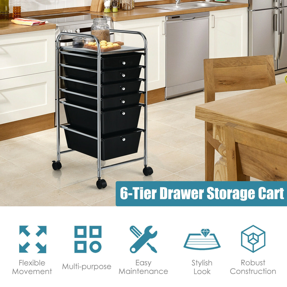 6 Drawers Rolling Storage Cart Organizer-Transparent