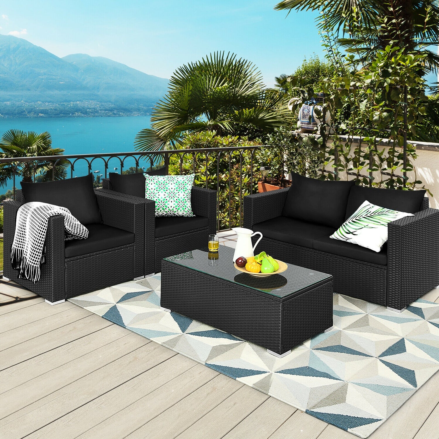 4 Pieces Patio Rattan Conversation Set with Cushions and Coffee Table