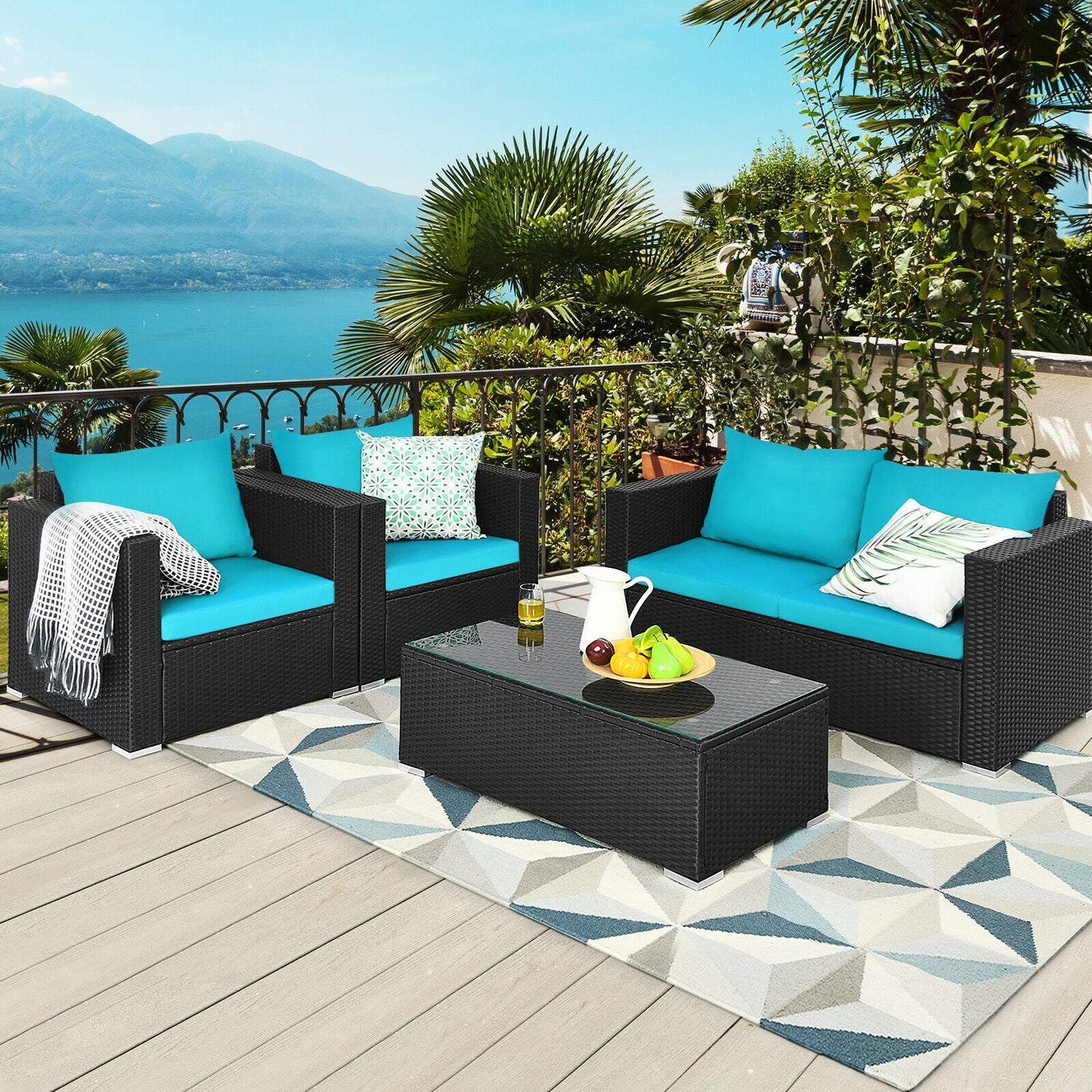 4 Pieces Patio Rattan Conversation Set with Cushions and Coffee Table