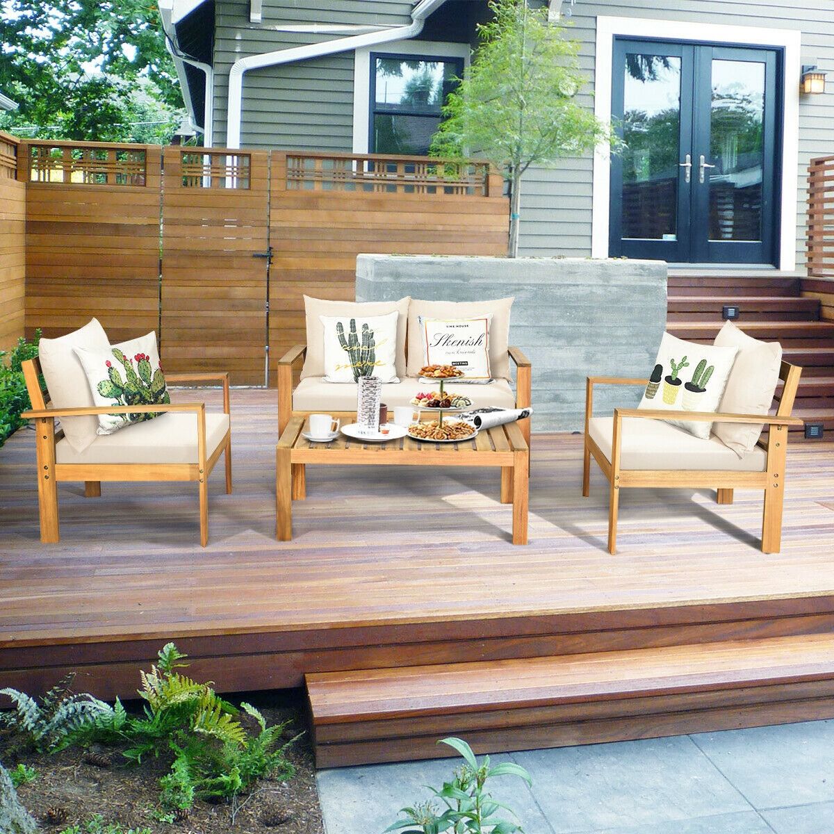 Outdoor 4 Pieces Acacia Wood Chat Set with Water Resistant Cushions