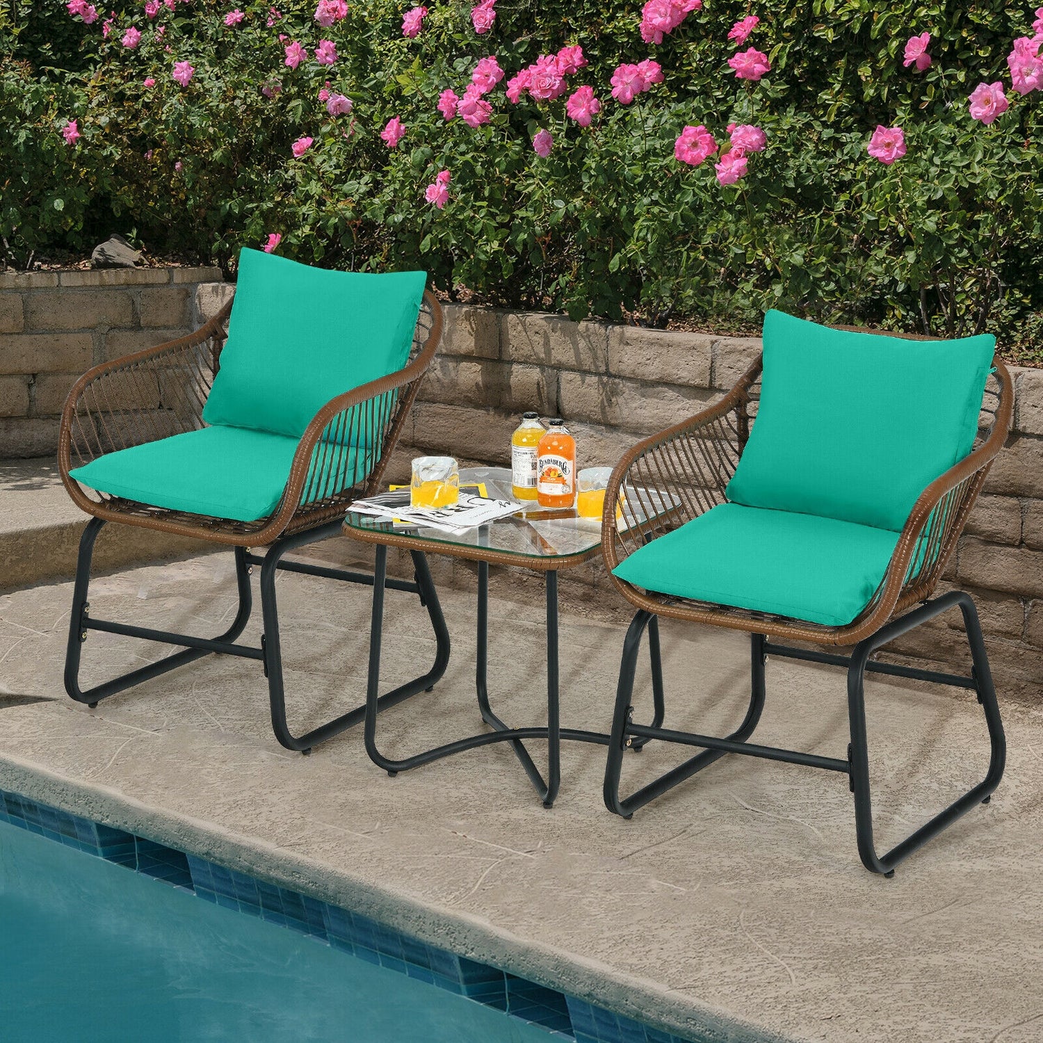 3 Pieces Patio Rattan Bistro Set Cushioned Chair Glass Table Deck