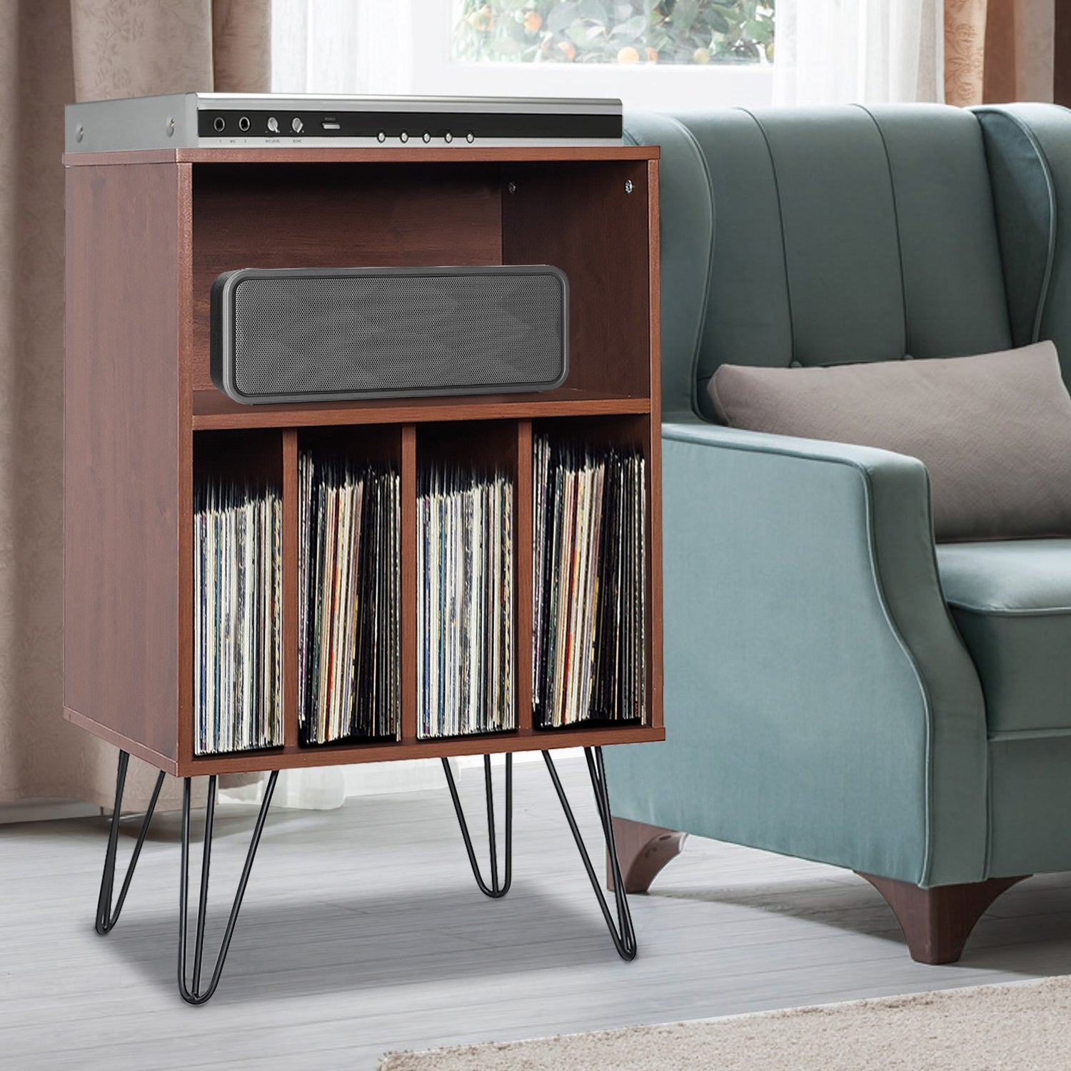 Freestanding Record Player Stand Storage Cabinet with Metal Legs