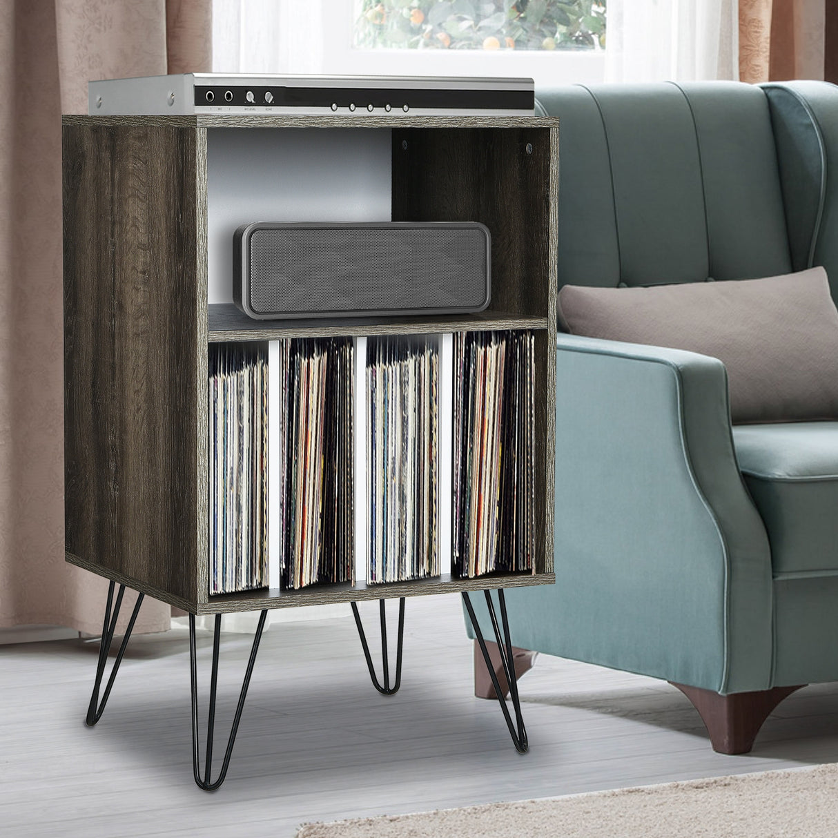 Freestanding Record Player Stand Storage Cabinet with Metal Legs