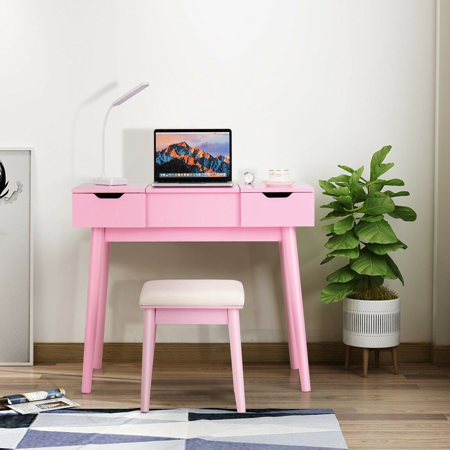 Makeup Vanity Table Set with Flip Top Mirror and 2 Drawers-Pink