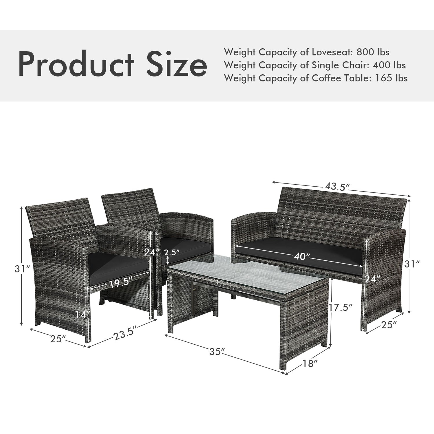 4 Pcs Patio Rattan Furniture Set Top Sofa With Glass Table