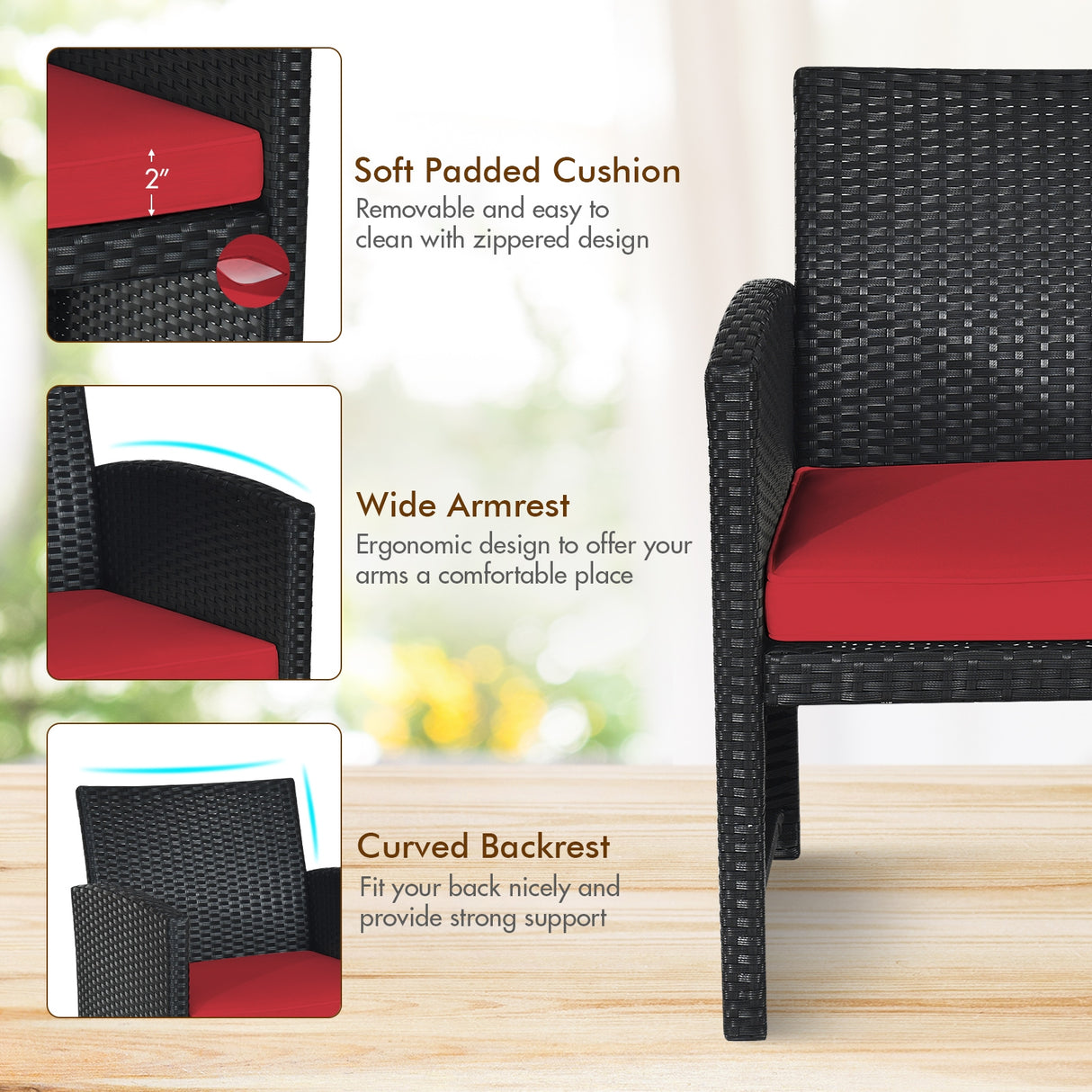 4 Pieces Rattan Patio Furniture Set with Weather Resistant Cushions and Tempered Glass Tabletop