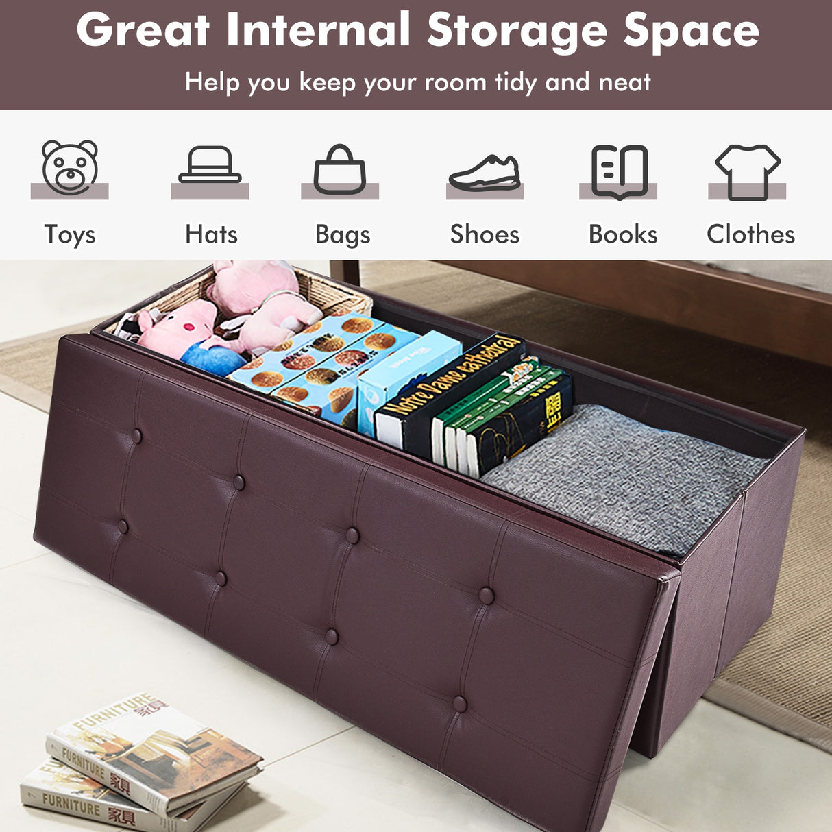 45 Inches Large Folding Ottoman Storage Seat
