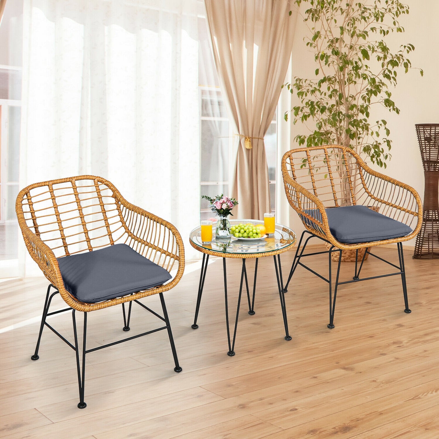 3 Pieces Rattan Furniture Set with Cushioned Chair Table