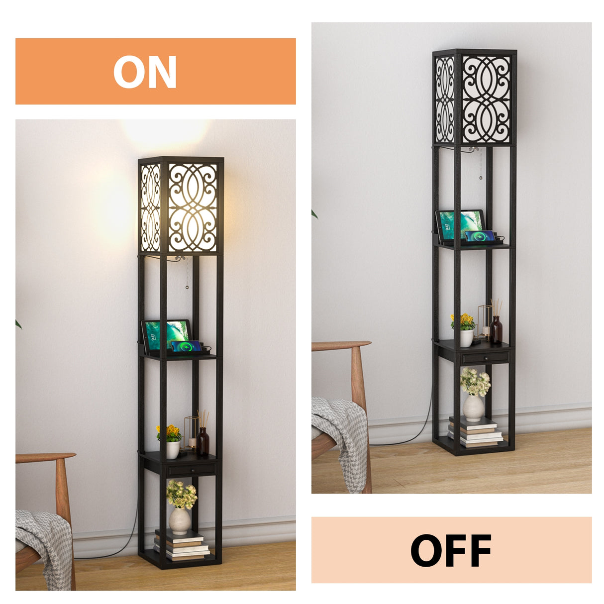 Modern Standing Shelf Lamp with 1 Power Outlet and 2 USB Ports