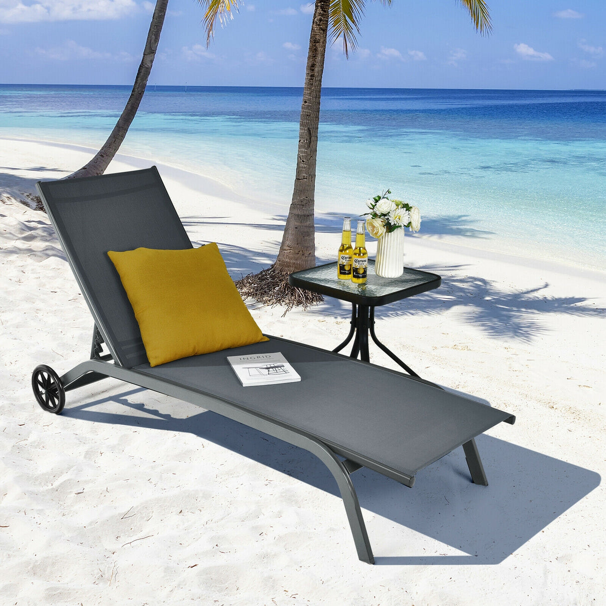 6-Poisition Adjustable Outdoor Chaise Recliner with Wheels
