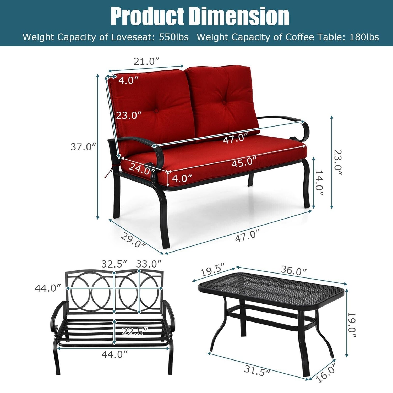 2PCS Patio Loveseat Bench Table Furniture Set with Cushioned Chair