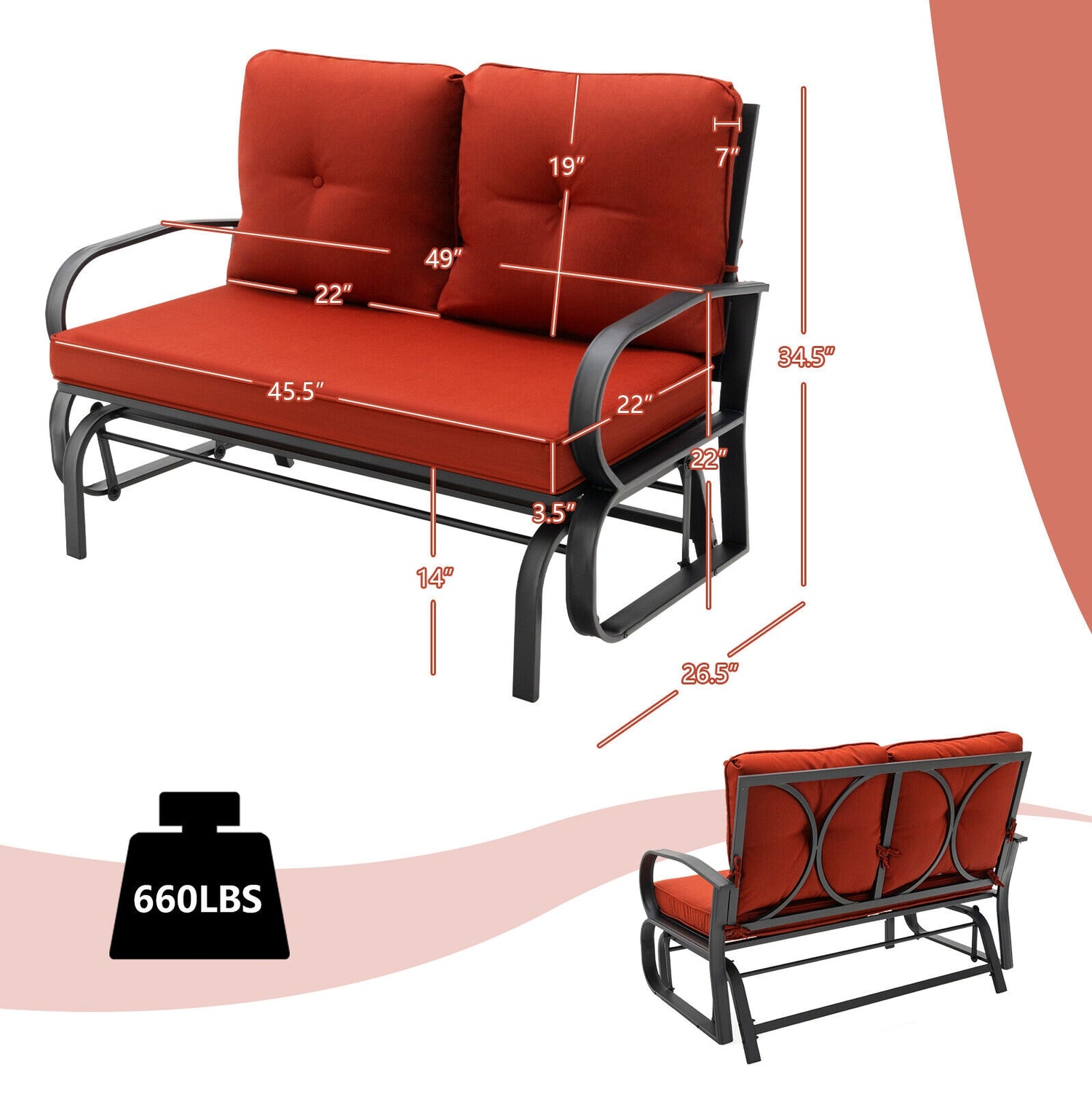 Patio 2-Person Glider Bench Rocking Loveseat with Cushioned Armrest-Red