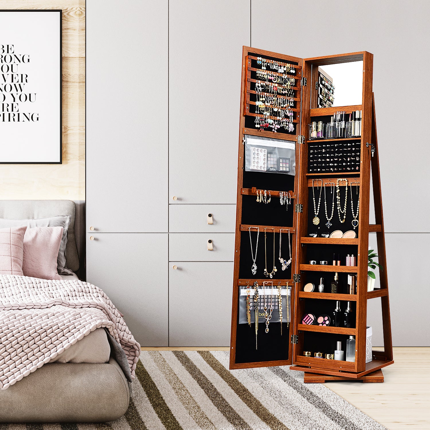 360° Rotatable 2-in-1 Lockable Jewelry Cabinet with Full-Length Mirror