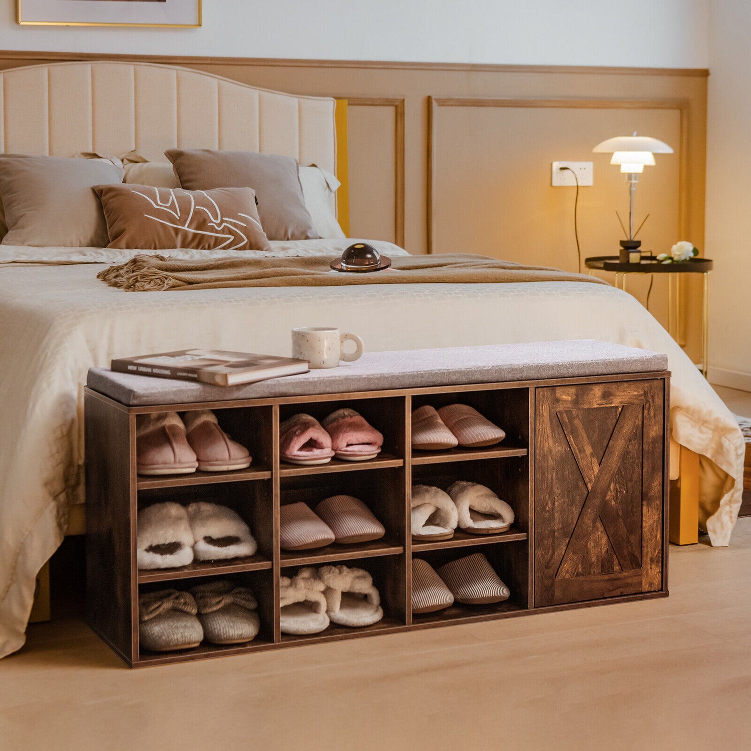9-cube Adjustable Storage Shoe Bench with Padded Cushion