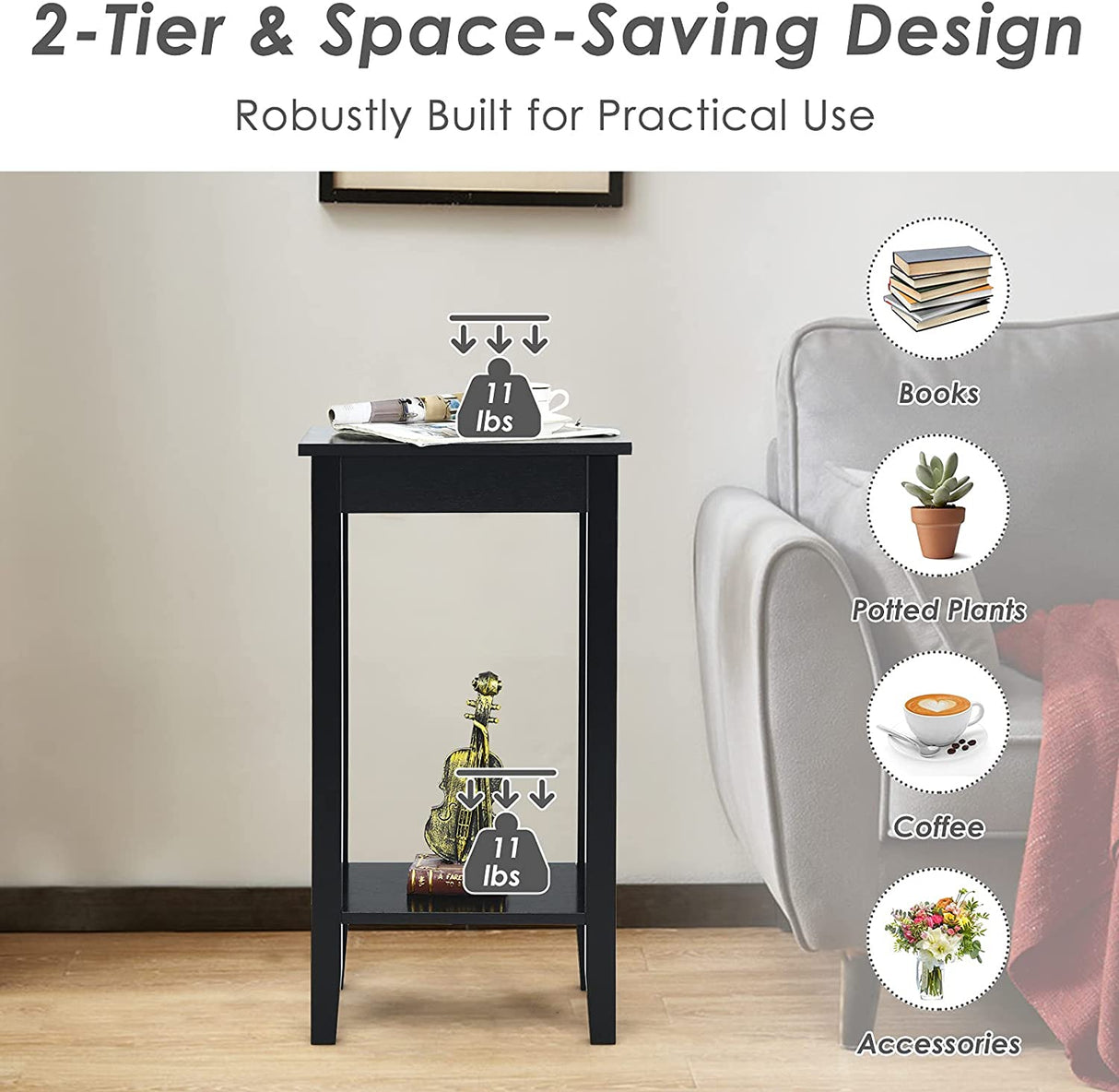 Set of 2 Versatile 2-Tier End Table with Storage Shelf