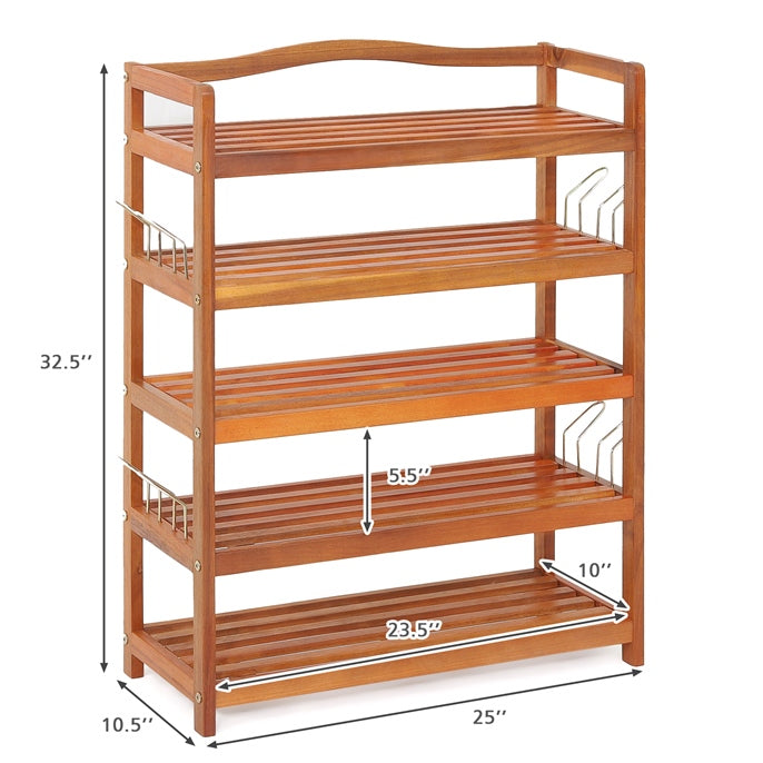 3-Tier Acacia Wood Shoe Rack with Side Metal Hooks