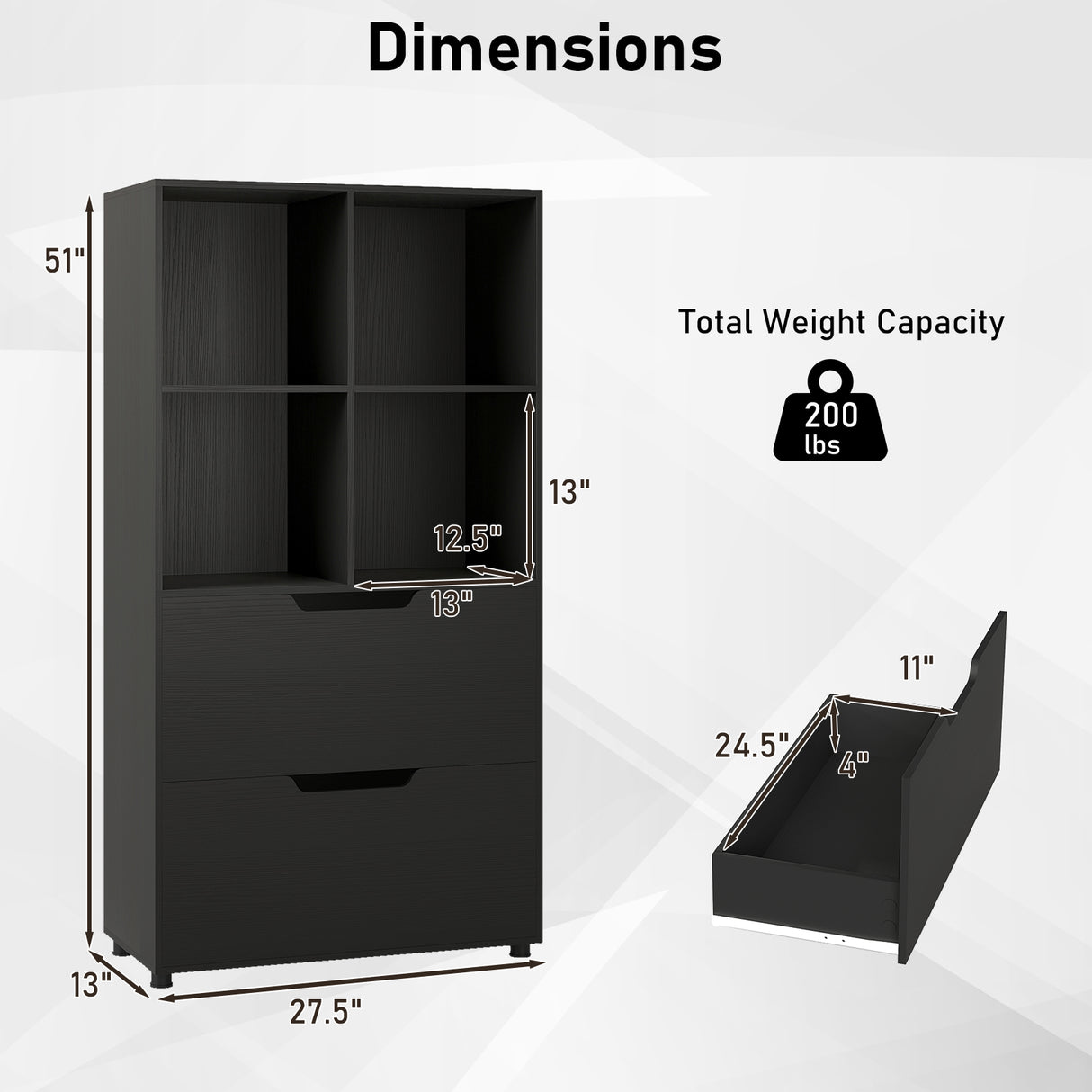 4-Cube Bookcase with 2 Drawers 51 inch 5-Tier Tall Freestanding Bookshelf