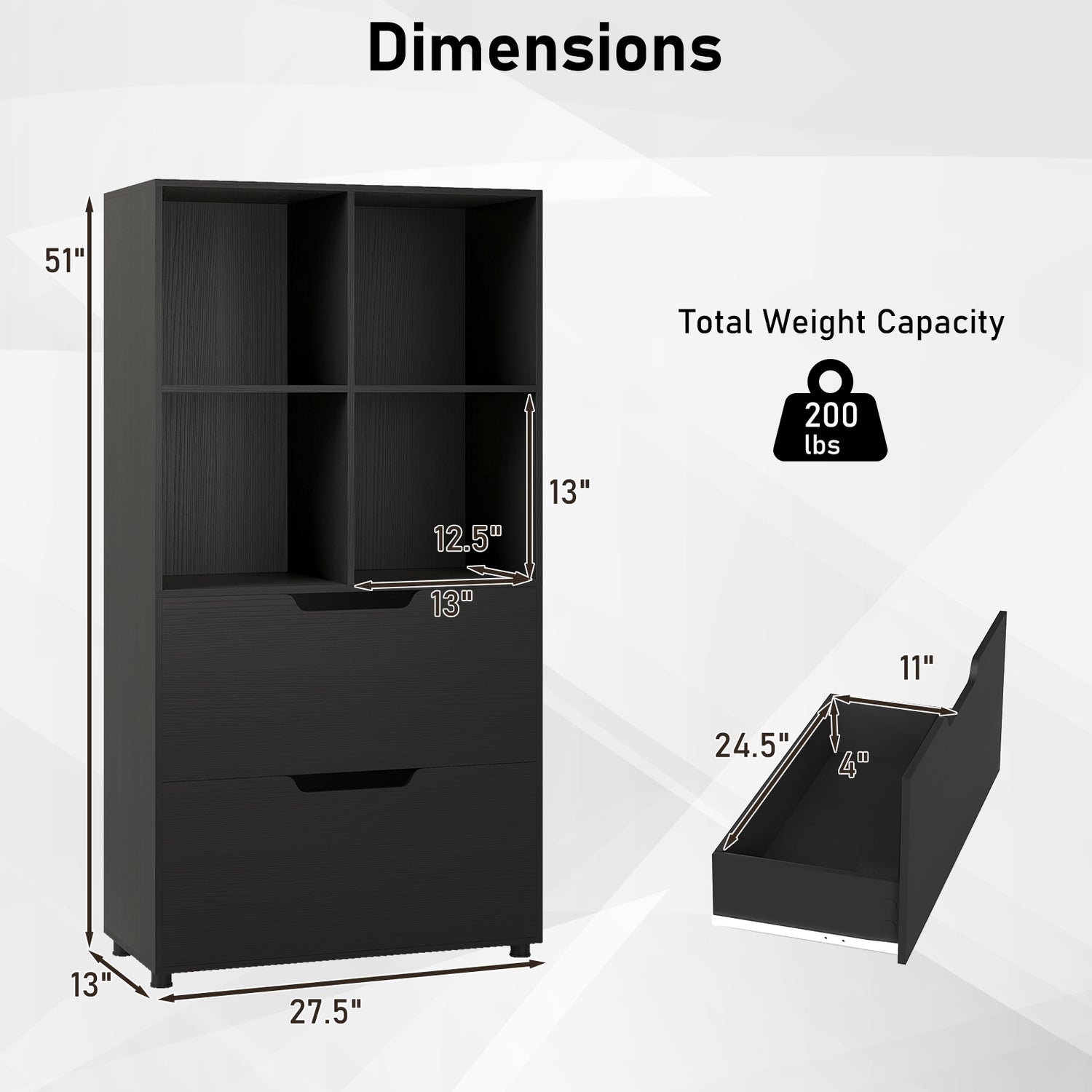 4-Cube Bookcase with 2 Drawers 51 inch 5-Tier Tall Freestanding Bookshelf