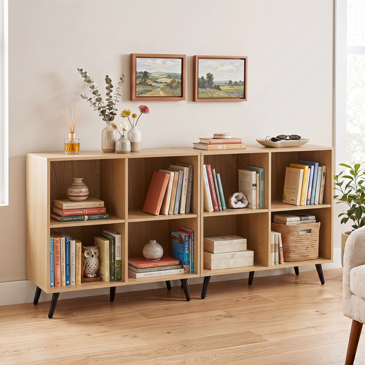 4-Cube Wooden Bookshelf Bookcase with 5 Metal Legs for Home