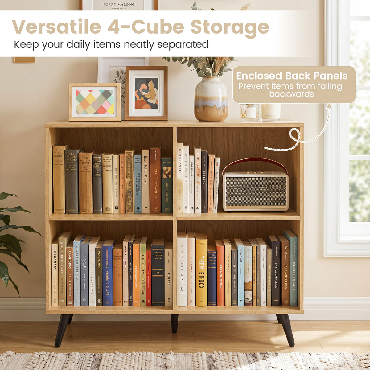 4-Cube Wooden Bookshelf Bookcase with 5 Metal Legs for Home