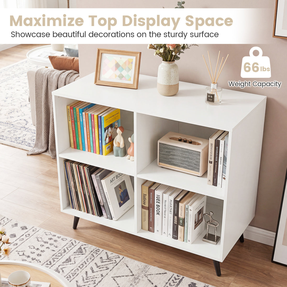 4-Cube Wooden Bookshelf Bookcase with 5 Metal Legs for Home