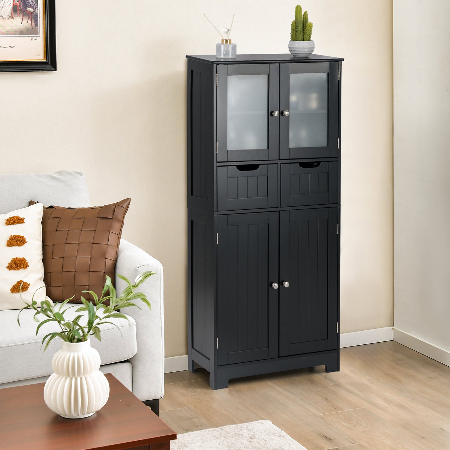 4 Door Freee-Standing Bathroom Cabinet with 2 Drawers and Glass Doors