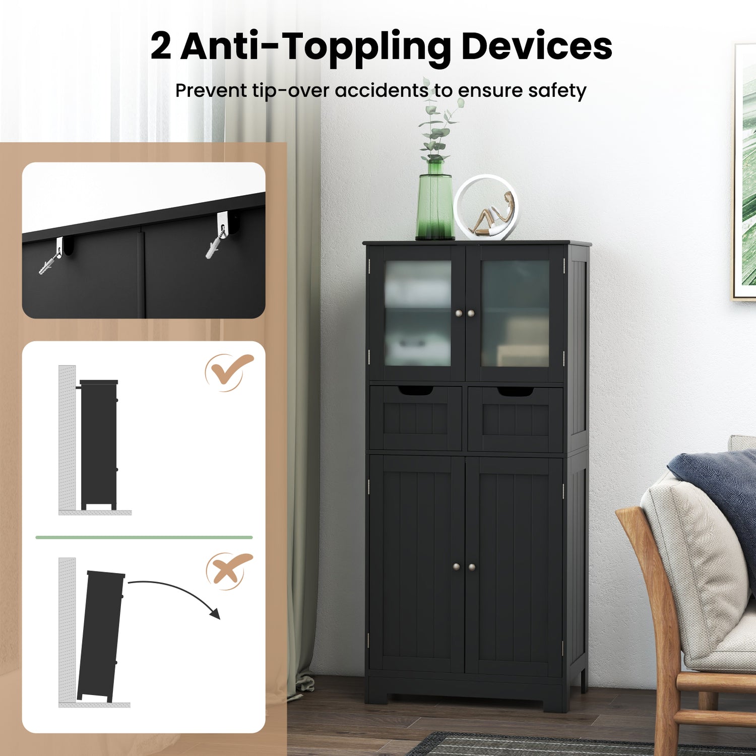 4 Door Freee-Standing Bathroom Cabinet with 2 Drawers and Glass Doors