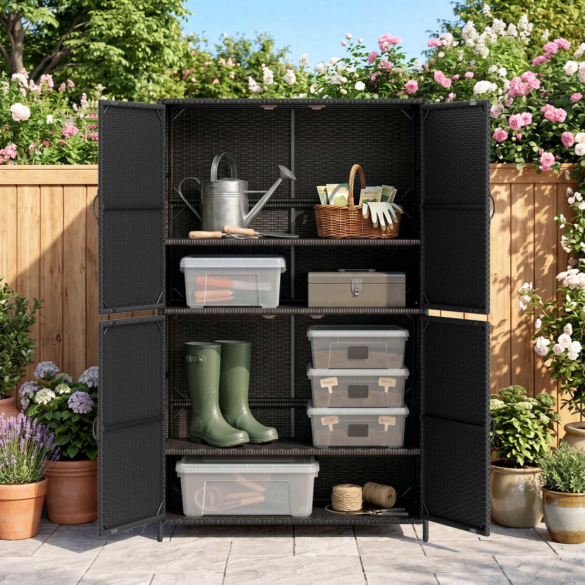 4-Door Rattan Vertical Storage Shed with Adjustable Shelves