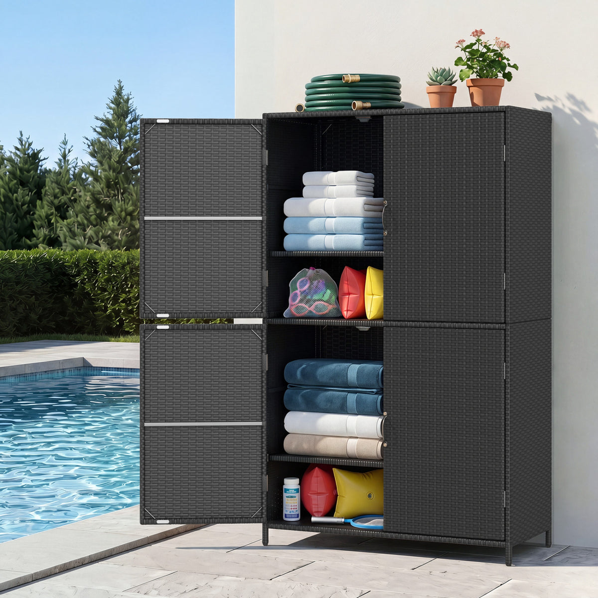 4-Door Rattan Vertical Storage Shed with Adjustable Shelves