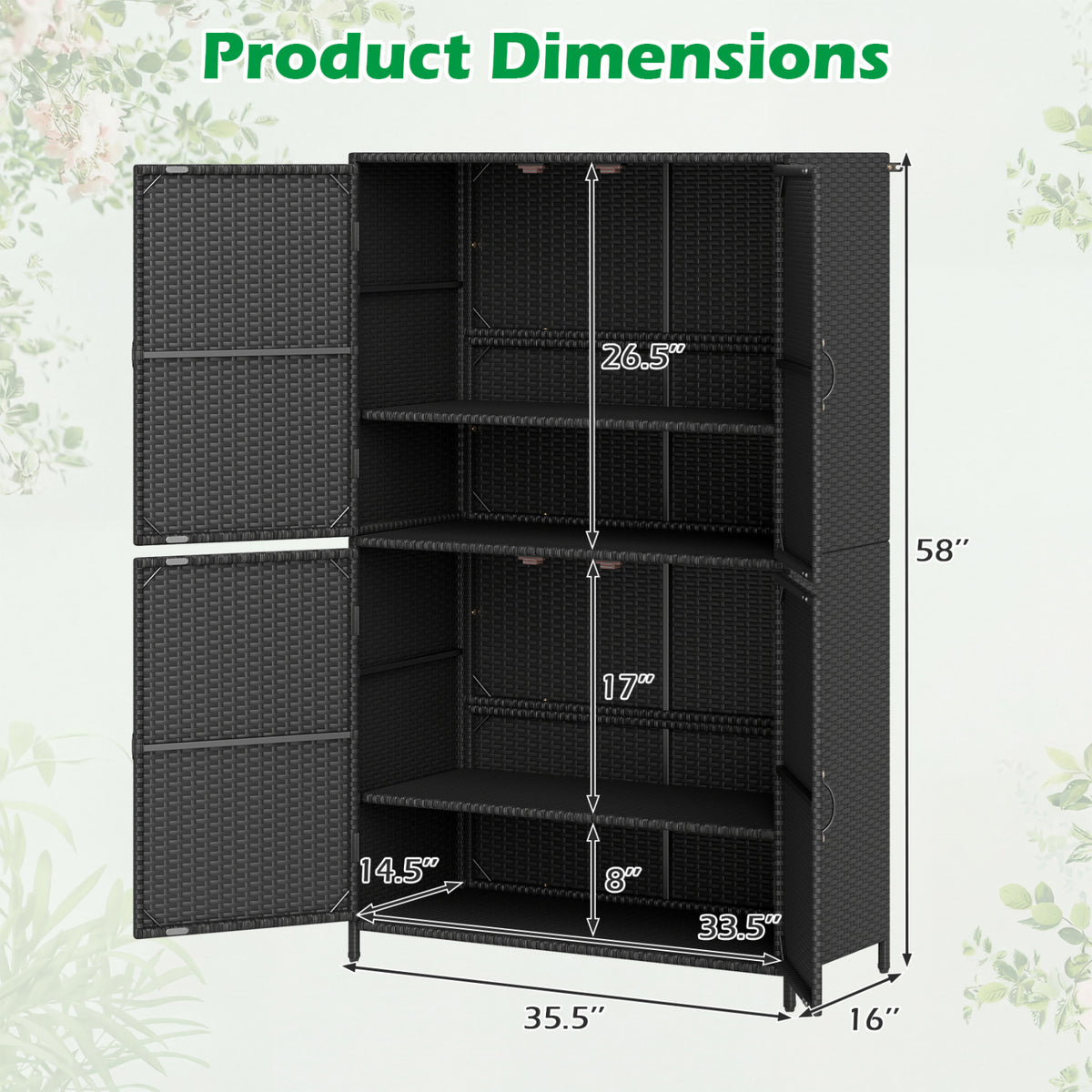 4-Door Rattan Vertical Storage Shed with Adjustable Shelves