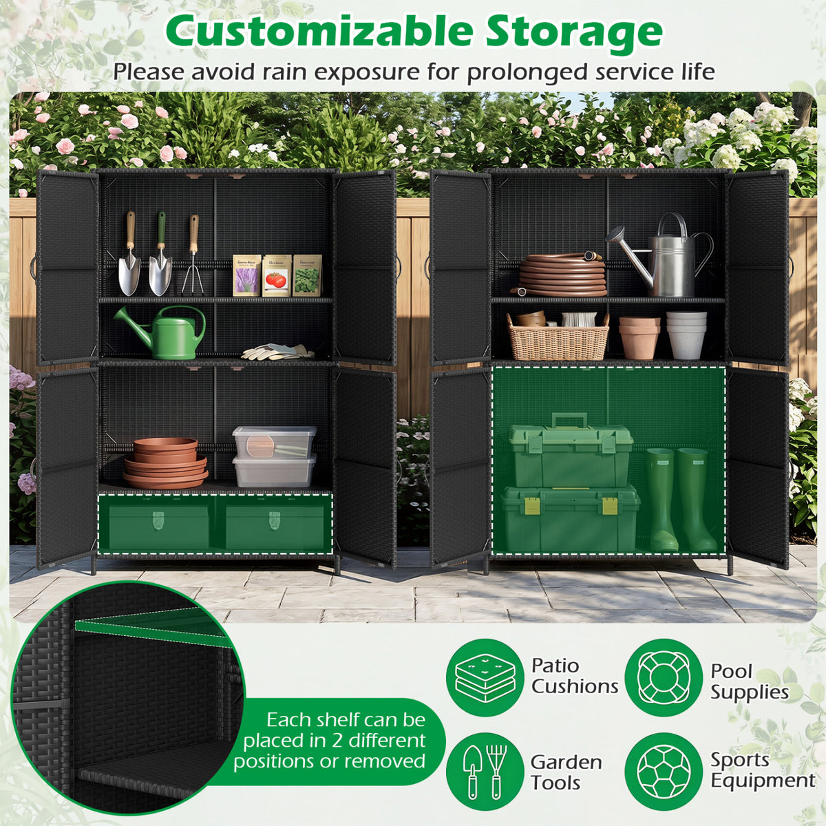 4-Door Rattan Vertical Storage Shed with Adjustable Shelves