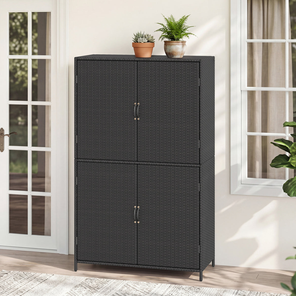 4-Door Rattan Vertical Storage Shed with Adjustable Shelves