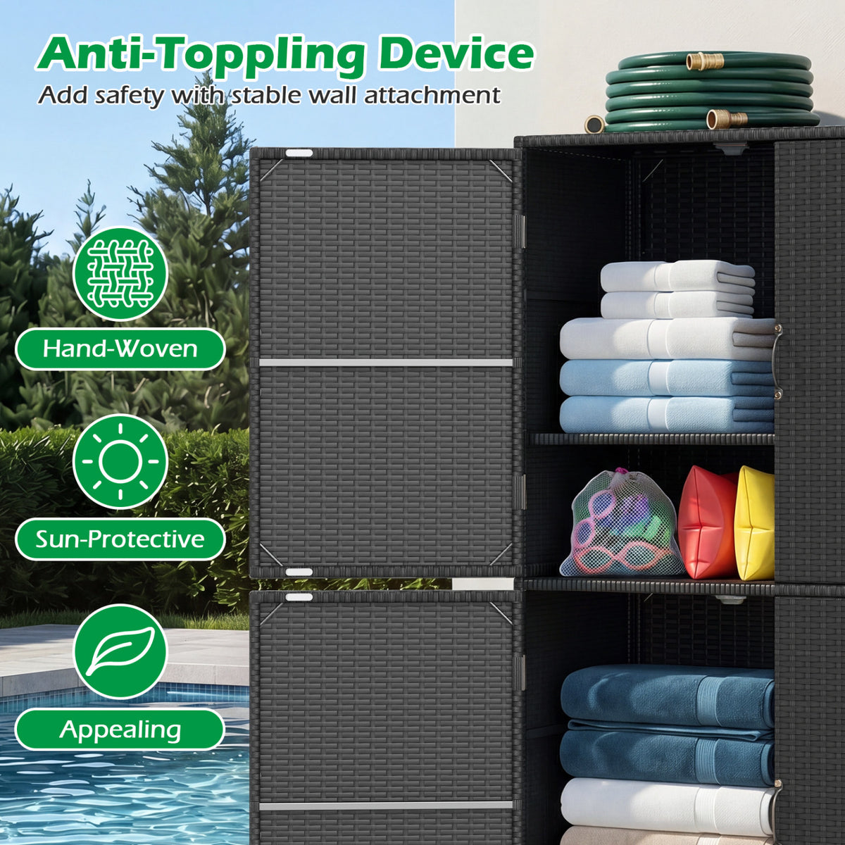 4-Door Rattan Vertical Storage Shed with Adjustable Shelves