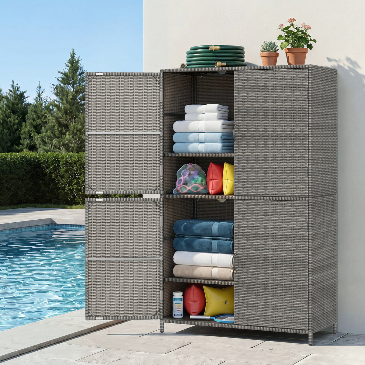 4-Door Rattan Vertical Storage Shed with Adjustable Shelves