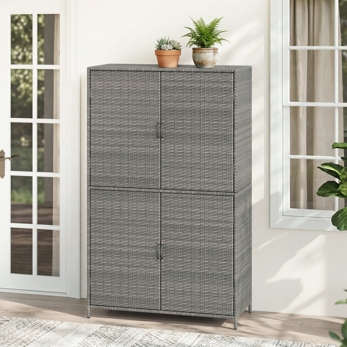 4-Door Rattan Vertical Storage Shed with Adjustable Shelves