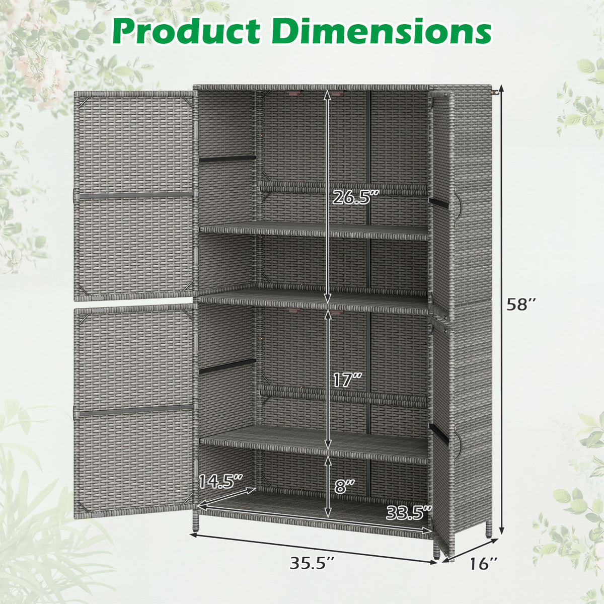 4-Door Rattan Vertical Storage Shed with Adjustable Shelves